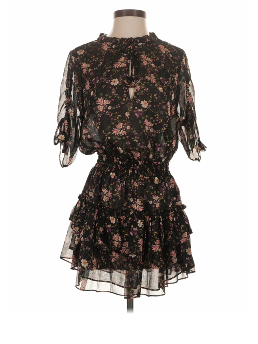 Misa Los Angeles Black Floral Tie-Neck Ruffle Mini Dress